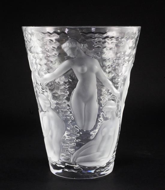 A Lalique Ondines conical glass vase, post-war, 24cm.